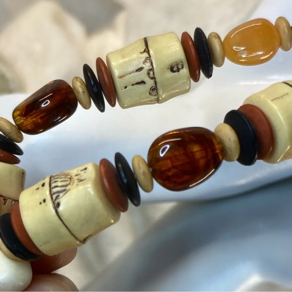 Vintage Tribal Mixed Media Choker Necklace Amber Wood Bone and Acrylic Beads 15” - Picture 5 of 13